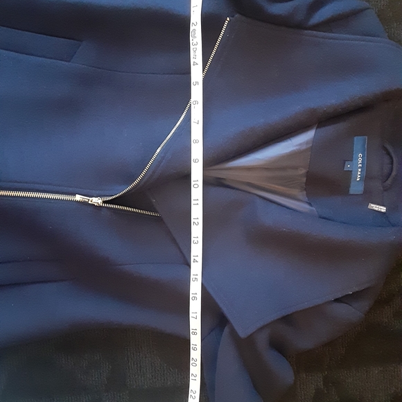 Cole Haan Navy Trench Coat with Asymmetrical Zipper - Picture 11 of 12